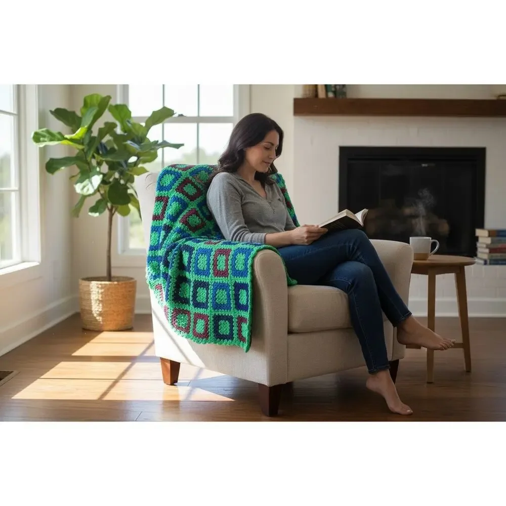 Vintage Granny Square Handmade Afghan Knitted Throw Blanket Multicolor 38”x50”